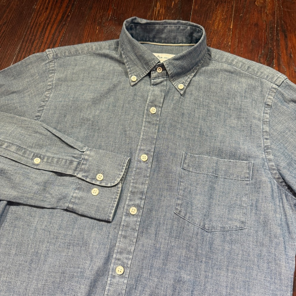 Peter Millar Shirt Mens Small Blue Button Down Chambray **NETJETS LOGO** - EUC